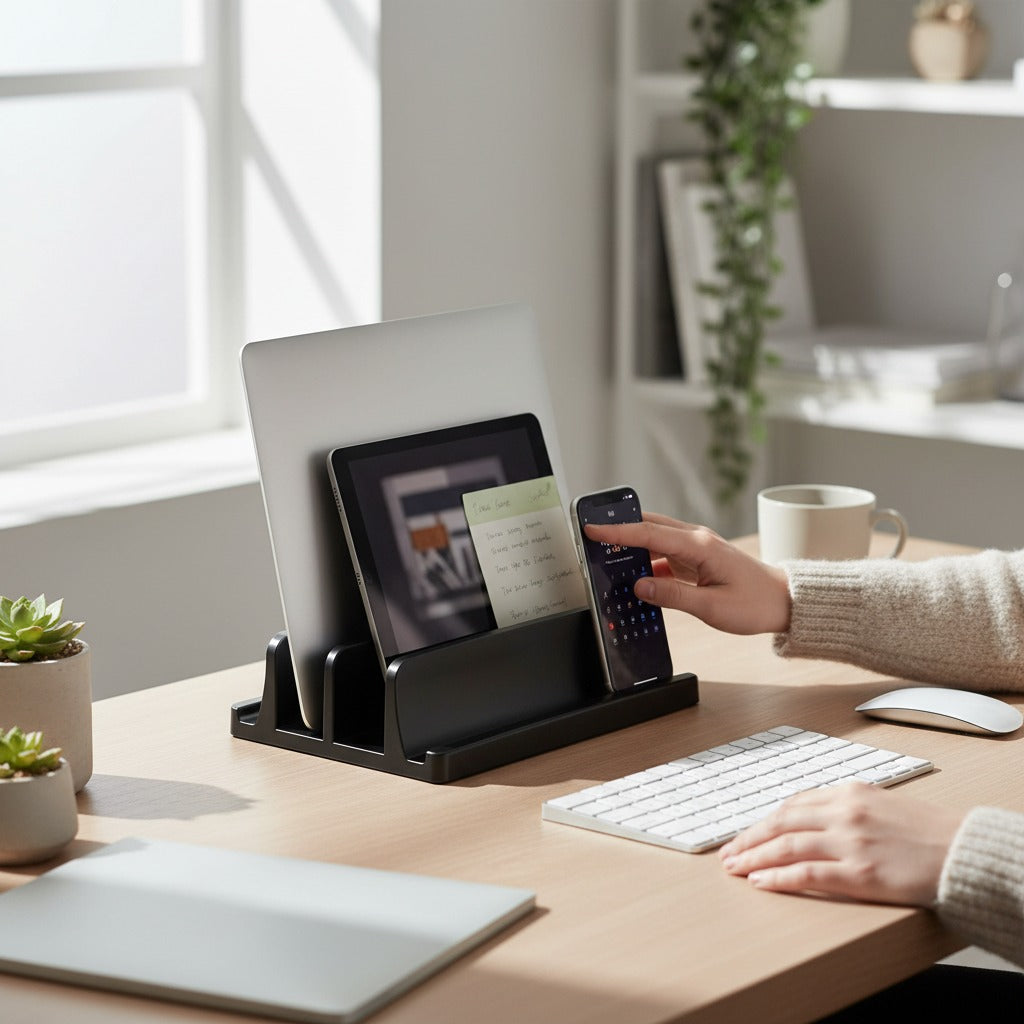 CordNest vertical laptop stand holding a laptop upright to save desk space