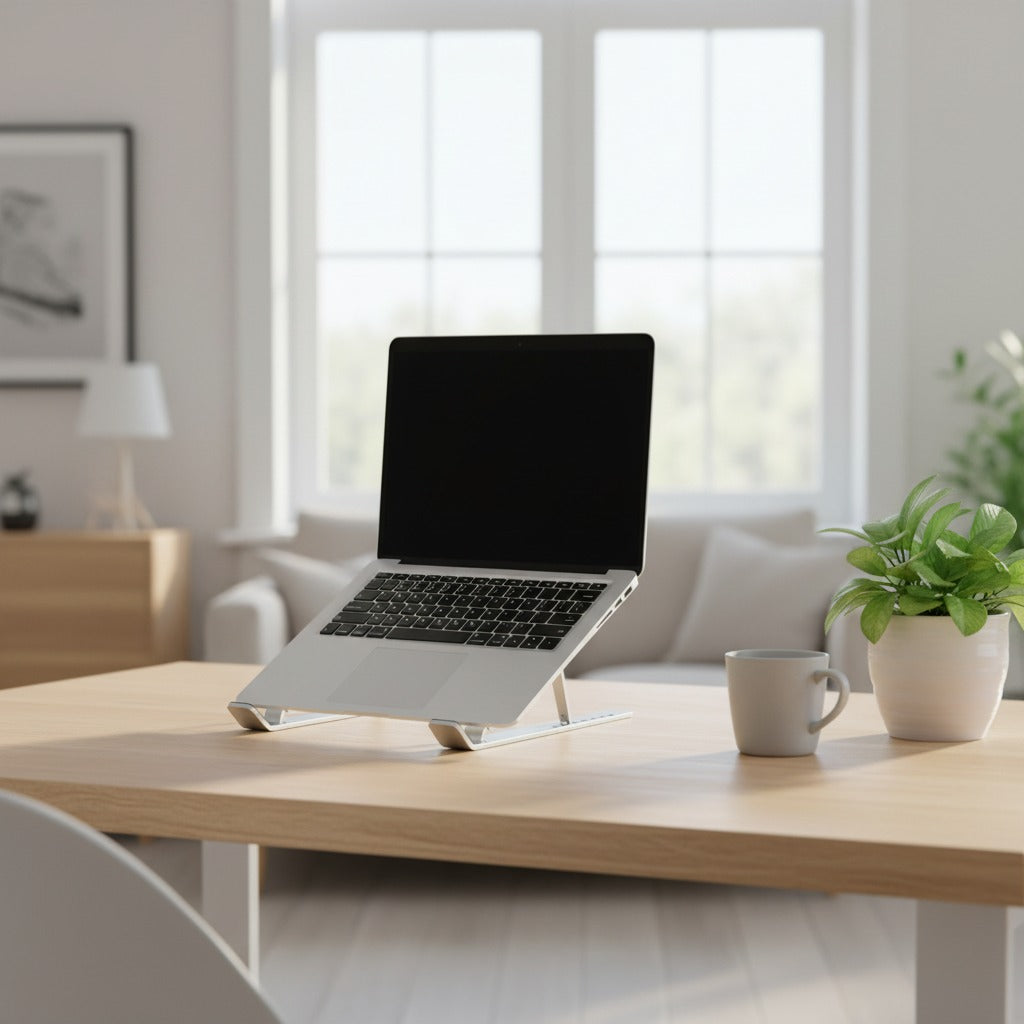 CordNest foldable laptop stand raising a laptop to a comfortable viewing angle