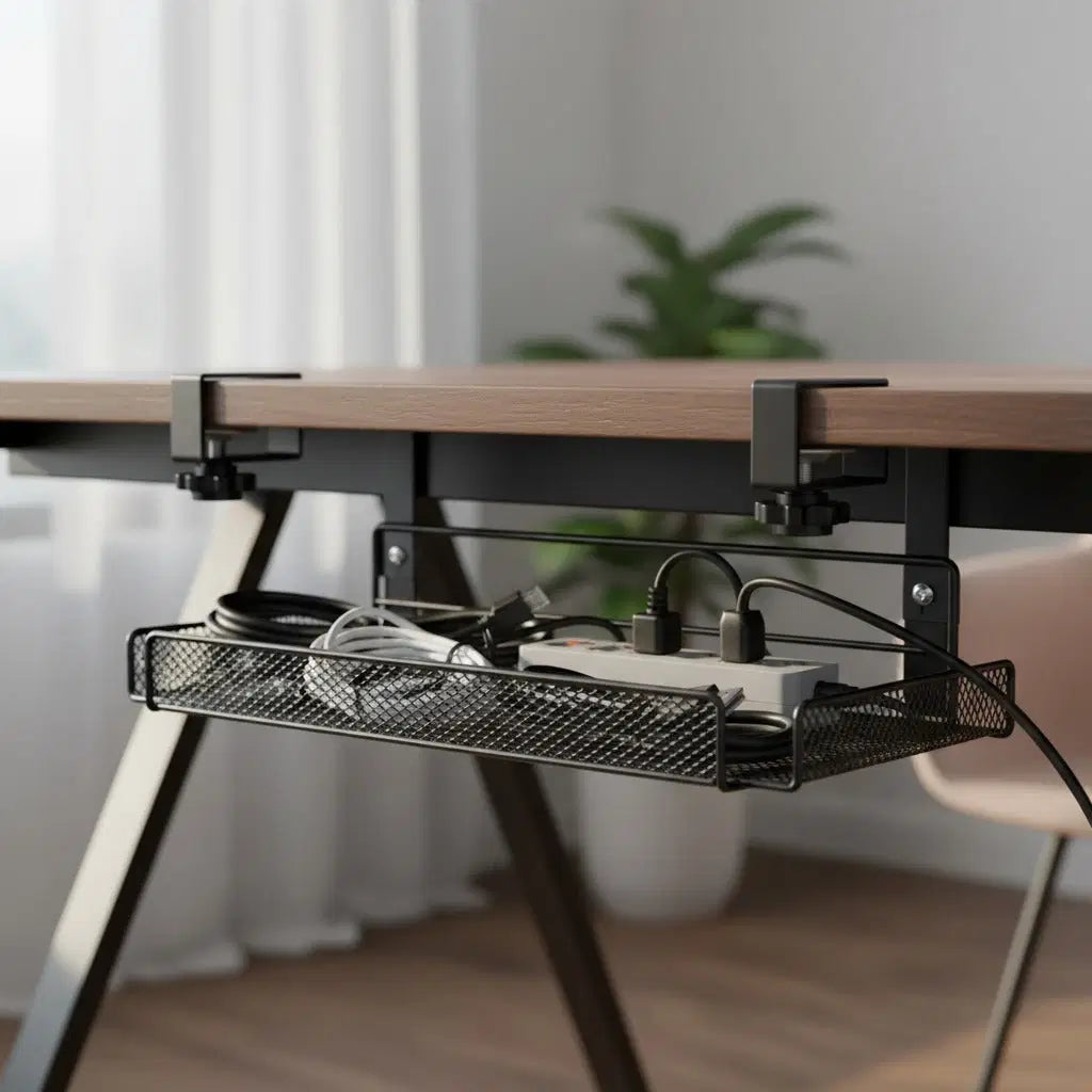 CordNest under-desk cable management tray for cords and power strips