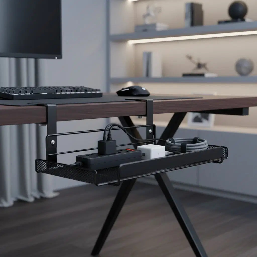CordNest under-desk cable management tray for cords and power strips