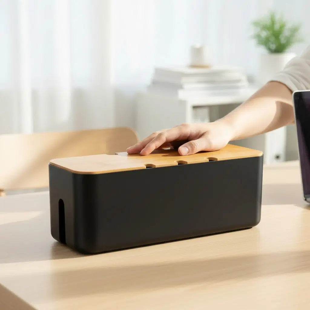 CordNest bamboo cable management box for hiding cords and power strips