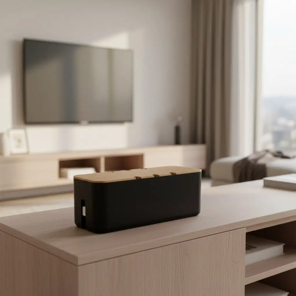 CordNest bamboo cable management box for hiding cords and power strips