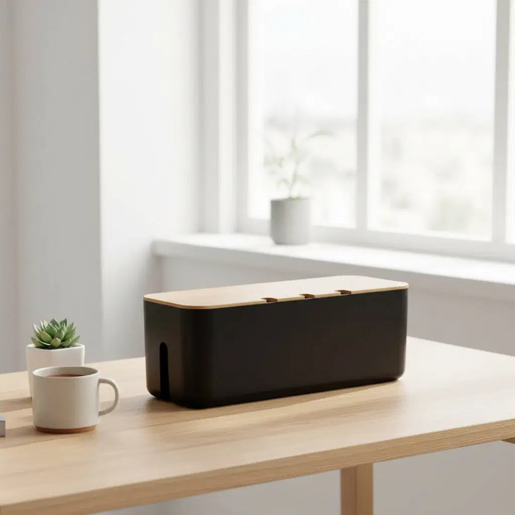 CordNest bamboo cable management box for hiding cords and power strips