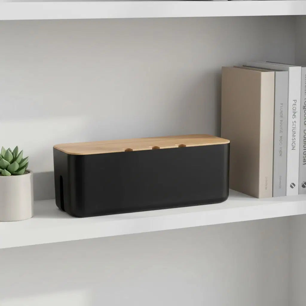CordNest bamboo cable management box for hiding cords and power strips