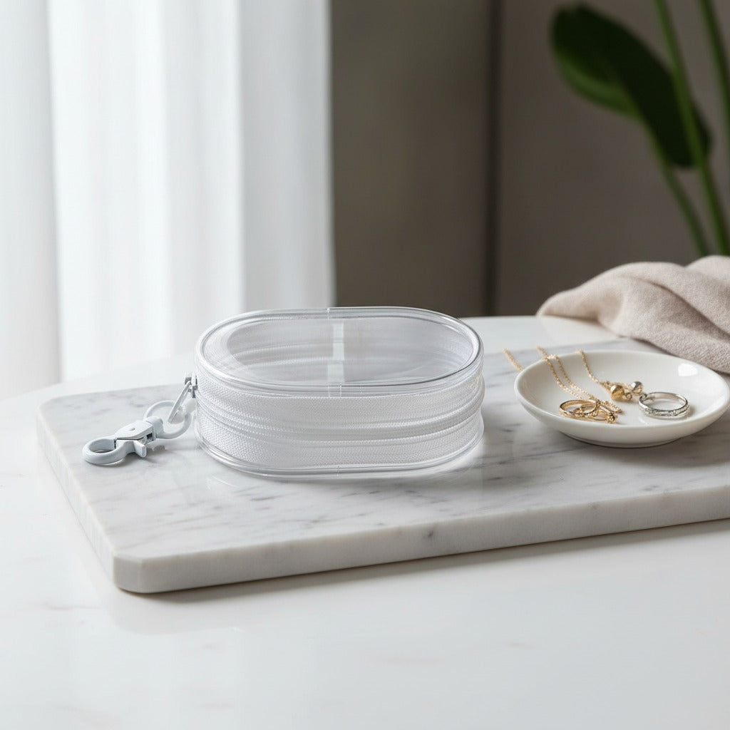 CordNest clear cable case with cables and small accessories visible inside